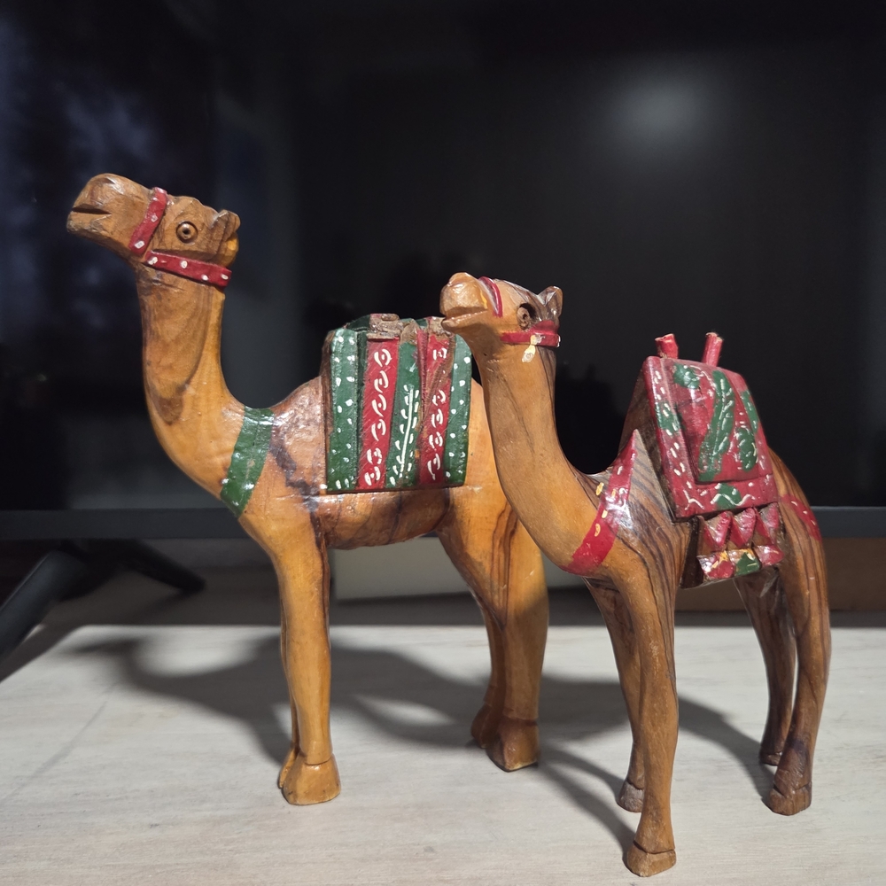 Handcrafted Wooden Camel Figurines - Brown and Red